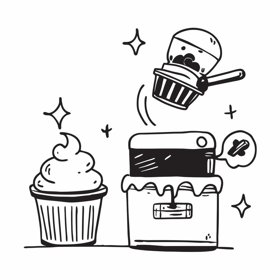 Baker frosting glossy cupcakes for a World Food Day party concept as Camera movement Zoom into the glossy frosting on the cupcakes Scene A bakery kitchen with baking tools Detail Dynamics vector