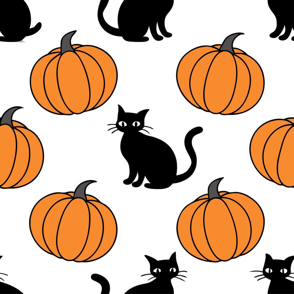 Black cats and pumpkins seamless tile pattern with spooky elements and vibrant orange tones for festive Halloween decor concept as Spooky black cats and vibrant orange pumpkins arr Dynamics vector
