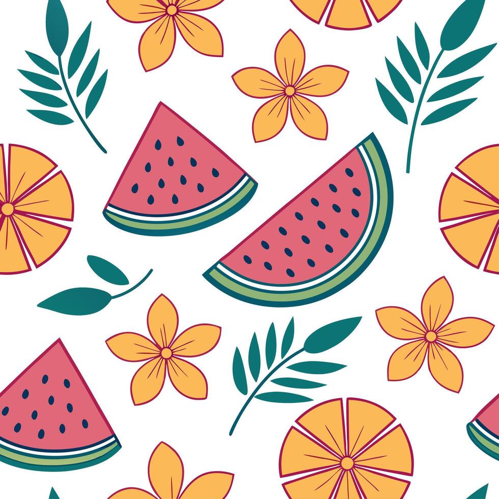 Bold summer seamless pattern with tropical fruit slices and bright floral accents for a fun tropical look concept as Tropical fruit and flower pattern with bold slices and bright c Dynamics vector