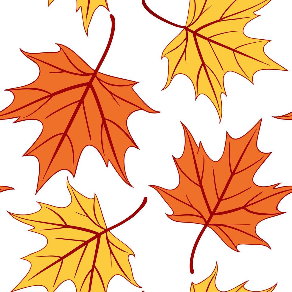 Bright autumn leaves seamless pattern with vivid orange red and yellow leaves for a bold autumn atmosphere concept as Bold autumn leaves pattern with vivid orange red and yellow to Dynamics vector