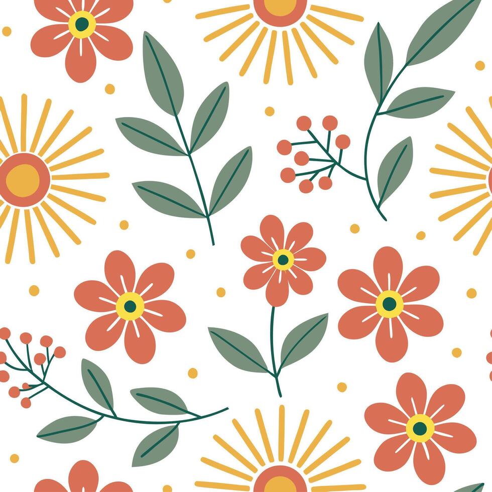 Bright summer seamless pattern with floral blooms and radiant sun beams for a lively cheerful vibe concept as Cheerful floral summer pattern with vibrant blooms and radiant sun bea Dynamics vector