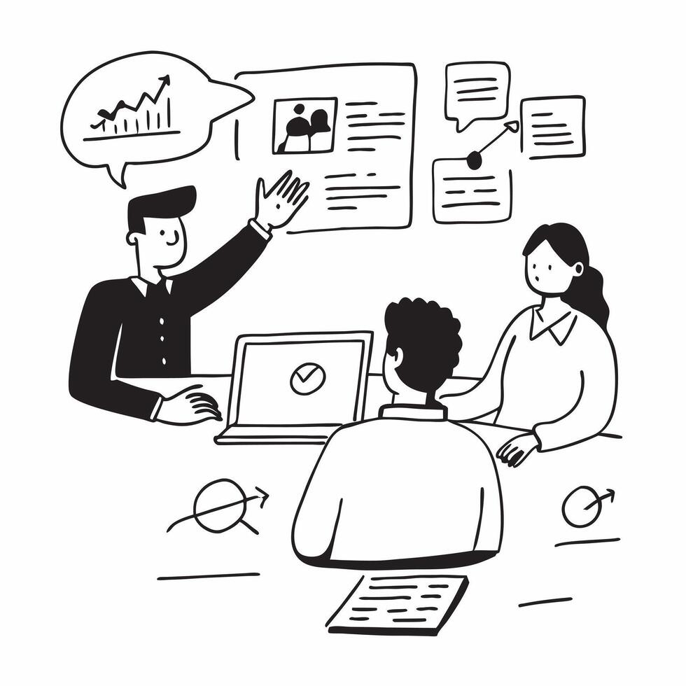 Business consultant advising clients on stock valuation concept as A business consultant in a modern office advising clients on stock valuation using a laptop and charts showcasing Dynamics vector