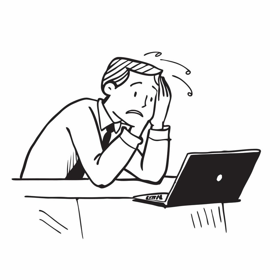 Businessman looking at a closed laptop appearing defeated and stressed concept as A businessman in a suit sitting at a desk with a closed laptop looking defeated and stressed repre Dynamics vector