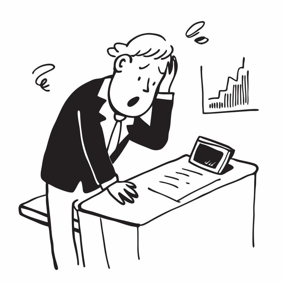 Businessman looking at a declining sales report appearing worried and stressed concept as A businessman in a suit looking at a declining sales report on his desk appearing worried Dynamics vector