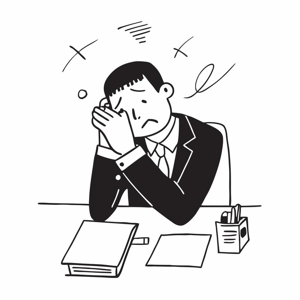 Businessman looking at a failed tech startup appearing dejected concept as A businessman in a formal suit looking at a failed tech startup report on his desk appearing dejected and Dynamics vector