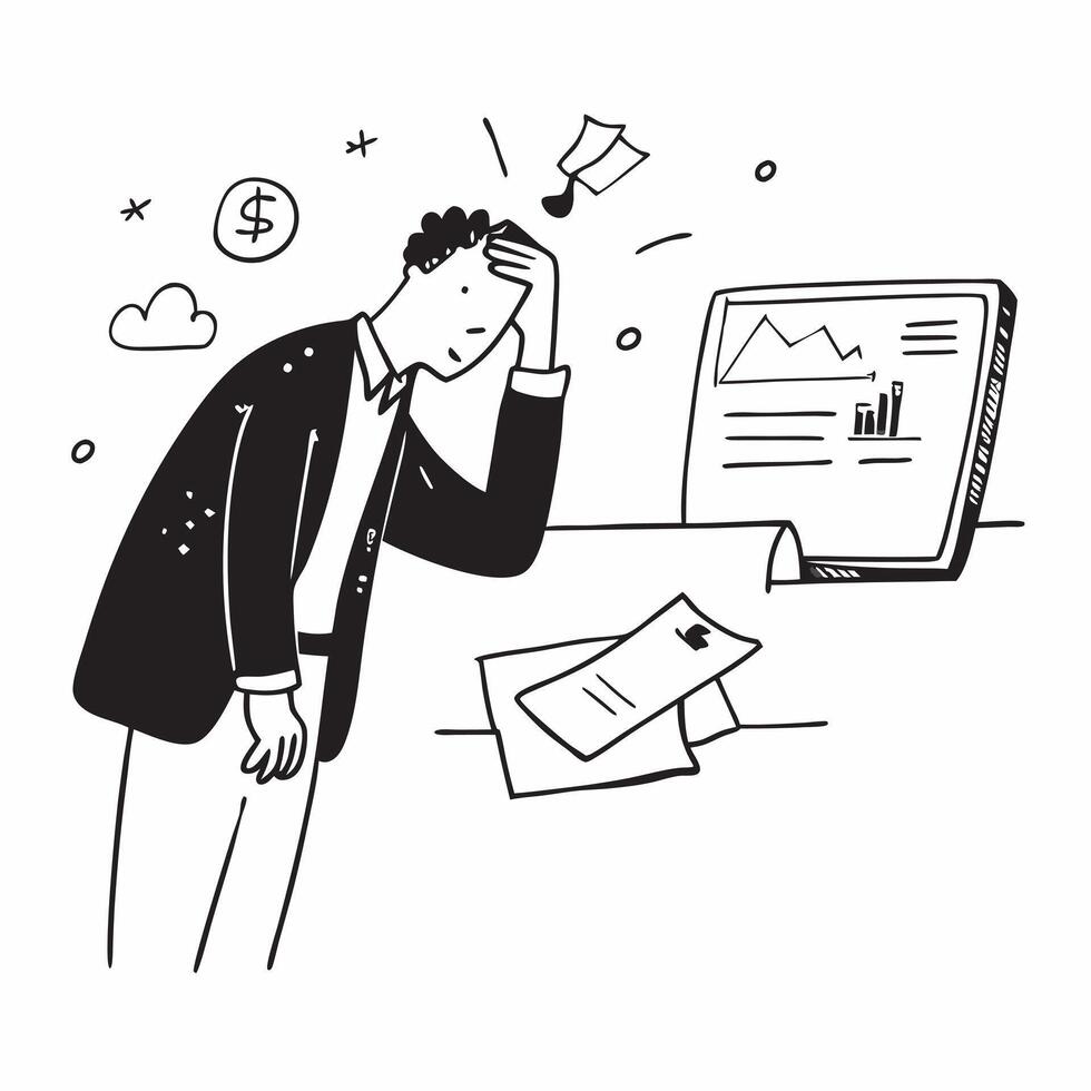 Businessman looking at a failed fintech product appearing dejected concept as A businessman in a suit looking at a failed fintech product report on his desk appearing dejected and Dynamics vector