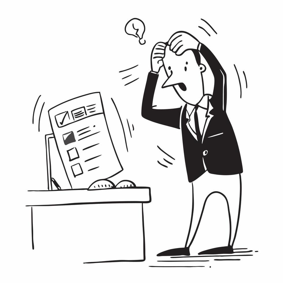 Businessman looking at a failed tech audit appearing dejected concept as A businessman in a suit looking at a failed tech audit report on his desk appearing dejected and stressed i Dynamics vector