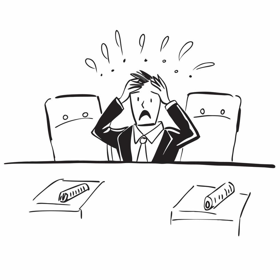 Businessman sitting alone at a conference table looking stressed concept as A businessman in formal attire sitting alone at a large conference table hands on his head looking stres Dynamics vector