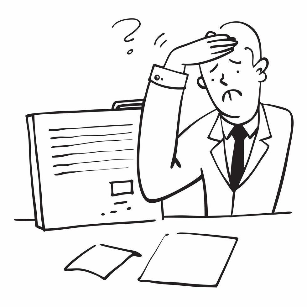 Businessman looking at a rejected patent application appearing disappointed concept as A businessman in a formal suit looking at a rejected patent application on his desk appearing Dynamics vector