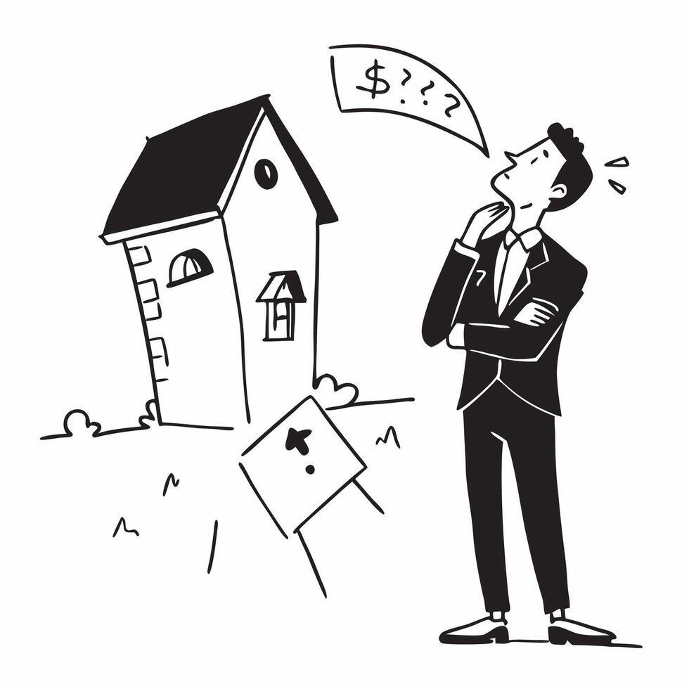Businessman looking at a foreclosed property appearing sad and contemplative concept as A businessman in a suit standing in front of a foreclosed property looking sad and contempla Dynamics vector