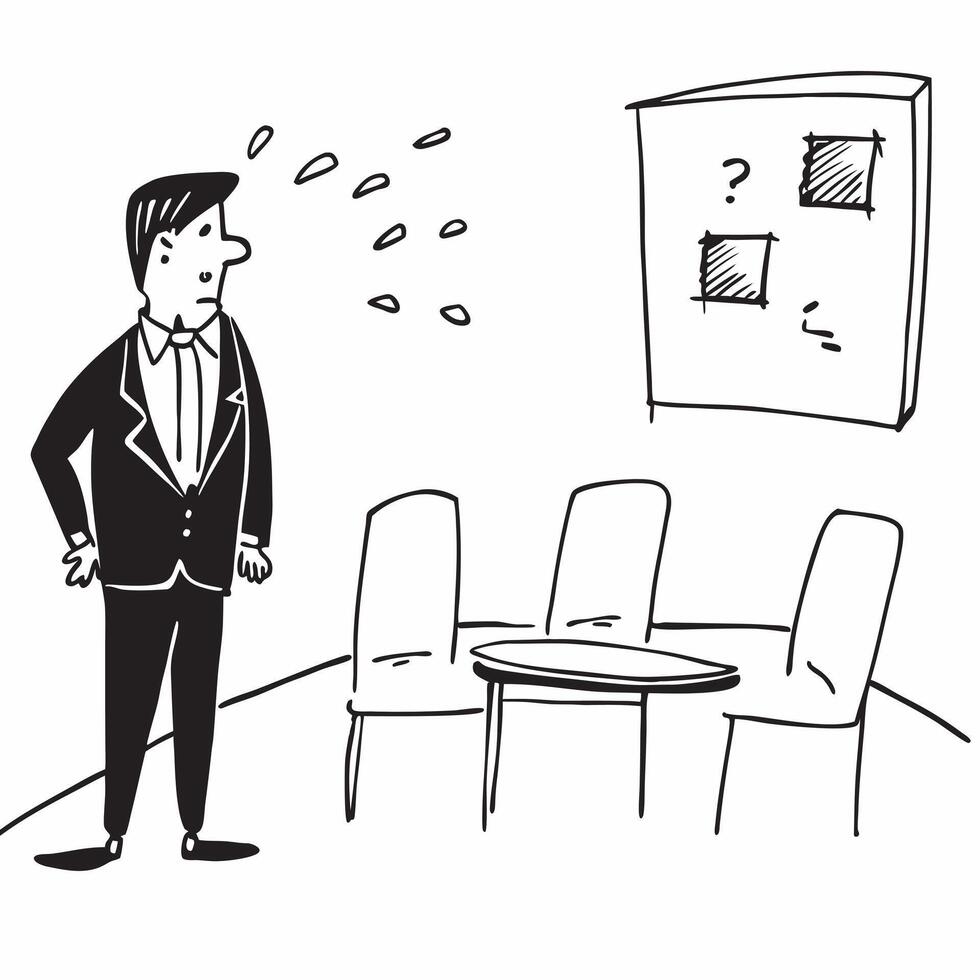 Businessman standing in a boardroom looking at an empty chair appearing reflective concept as A businessman in a suit standing in a boardroom looking at an empty chair with a refle Dynamics vector