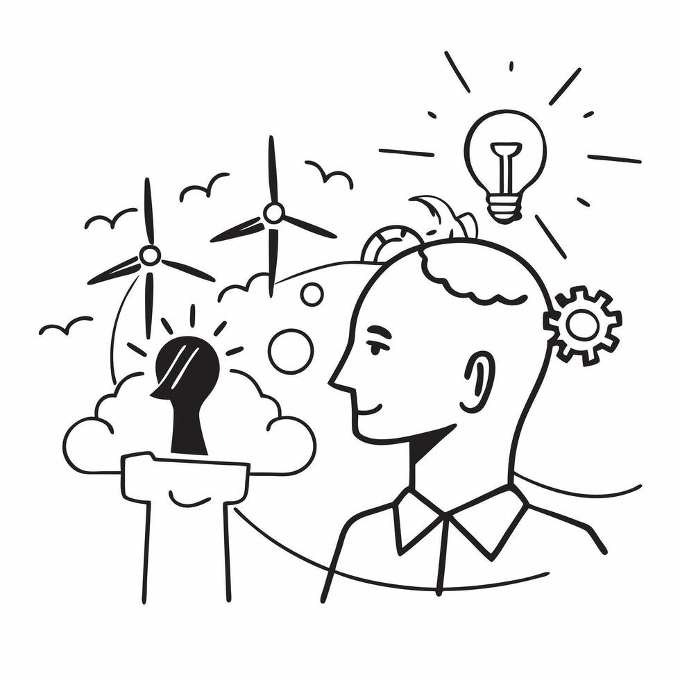 Business professional with wind turbines concept as A business professionals profile blended with wind turbines symbolizing sustainable business practices and hope for a green econ Dynamics vector