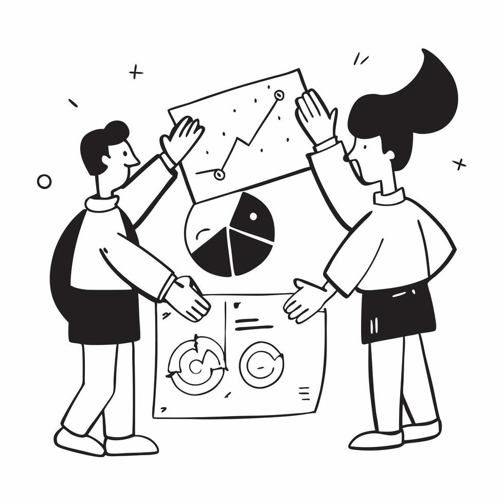Business partners working on a project concept as A icon illustration of business partners working on a project together using charts and graphs with an 8 color palette to highli Dynamics vector