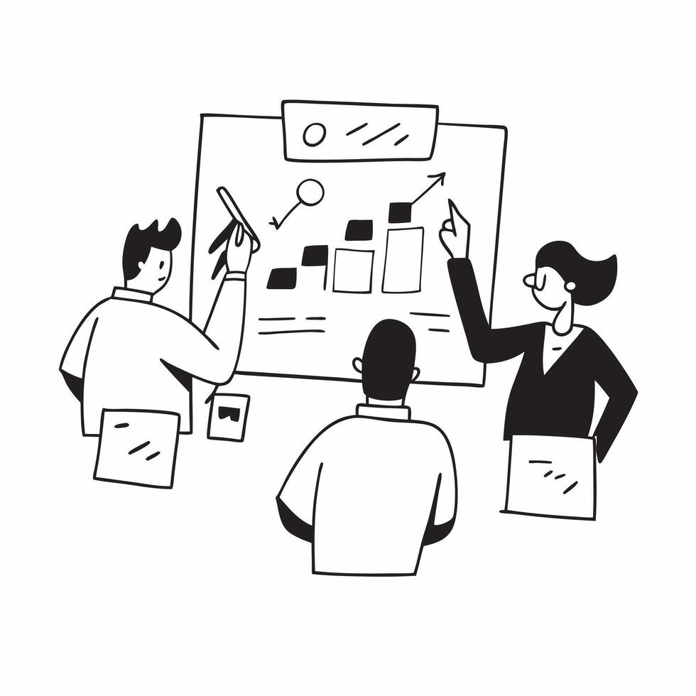 Business team analyzing data in a meeting room concept as A icon illustration of a business team analyzing data in a meeting room using a 3 color scheme to highlight analytical t Dynamics vector