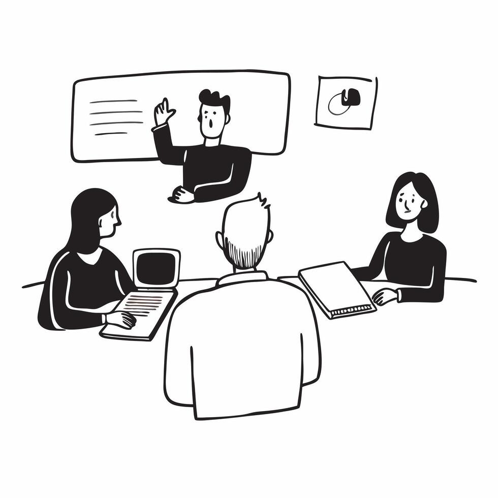 Business team in a hybrid meeting with onsite and remote participants concept as A business team in a conference room conducting a hybrid meeting with both onsite and remote partic Dynamics vector
