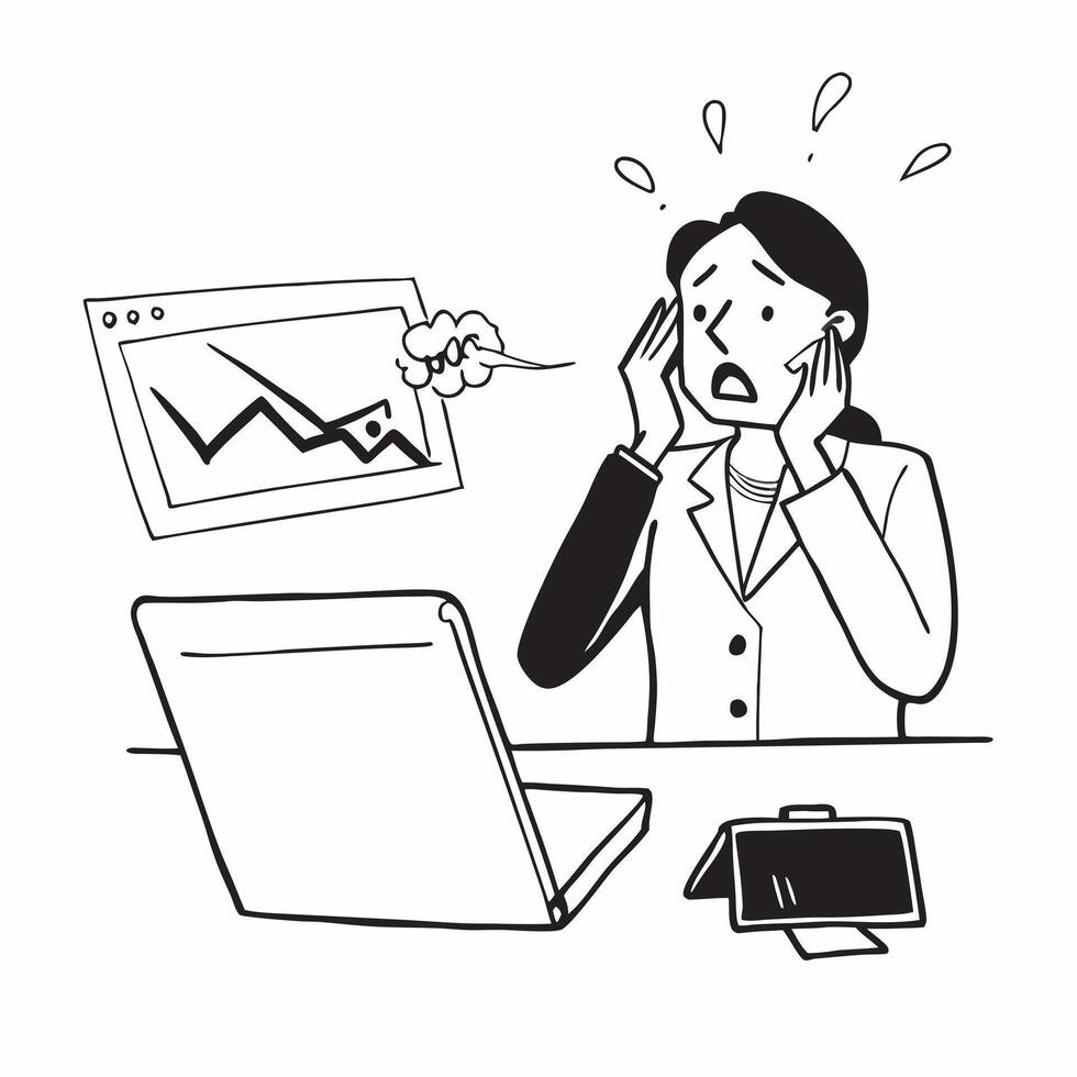 Businesswoman looking at a failed digital marketing campaign appearing disappointed concept as A businesswoman in a suit looking at a failed digital marketing campaign on her lapto Dynamics Set 2 vector