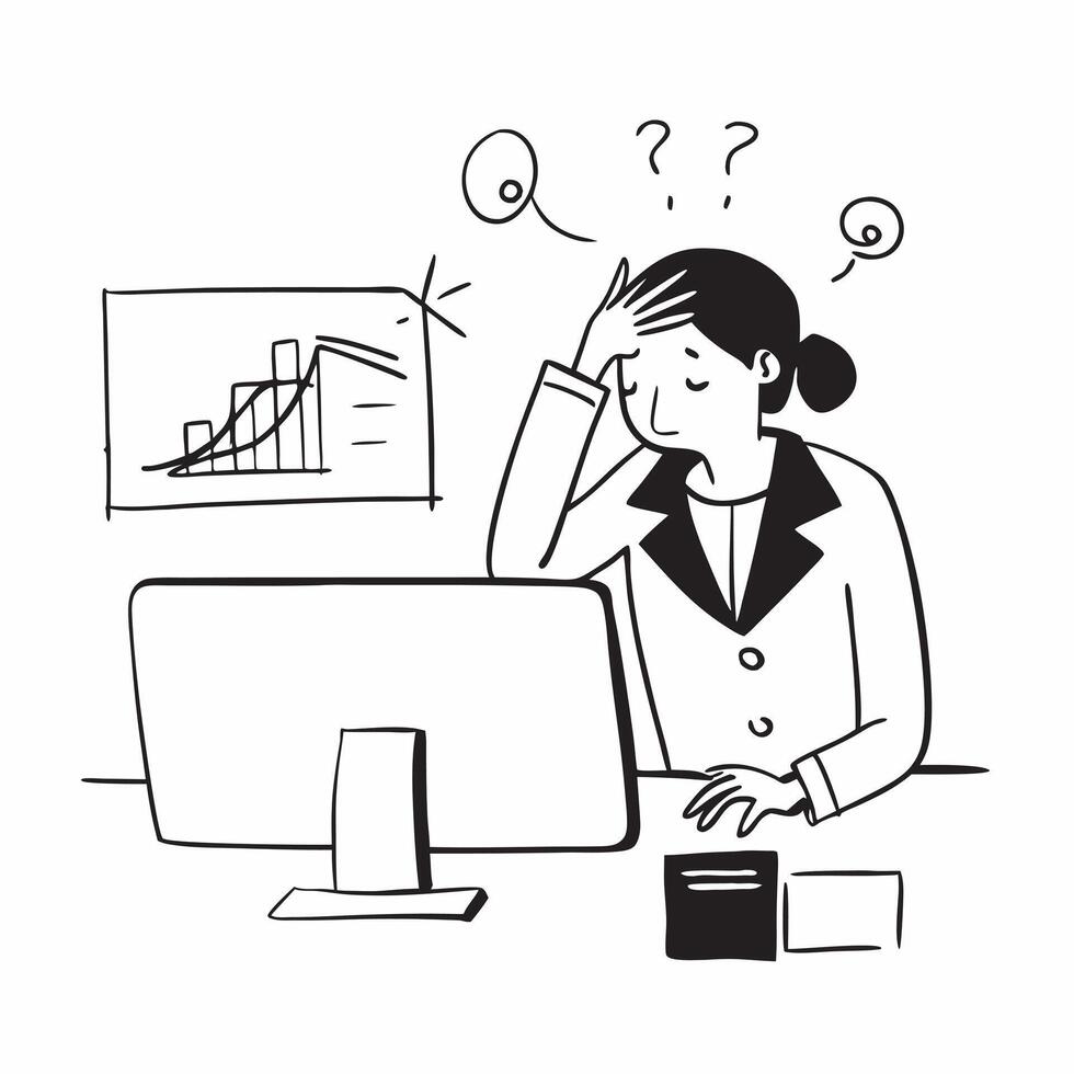 Businesswoman looking at a failed ERP system appearing frustrated concept as A businesswoman in a formal suit looking at a failed ERP system on her computer appearing frustrated an Dynamics vector