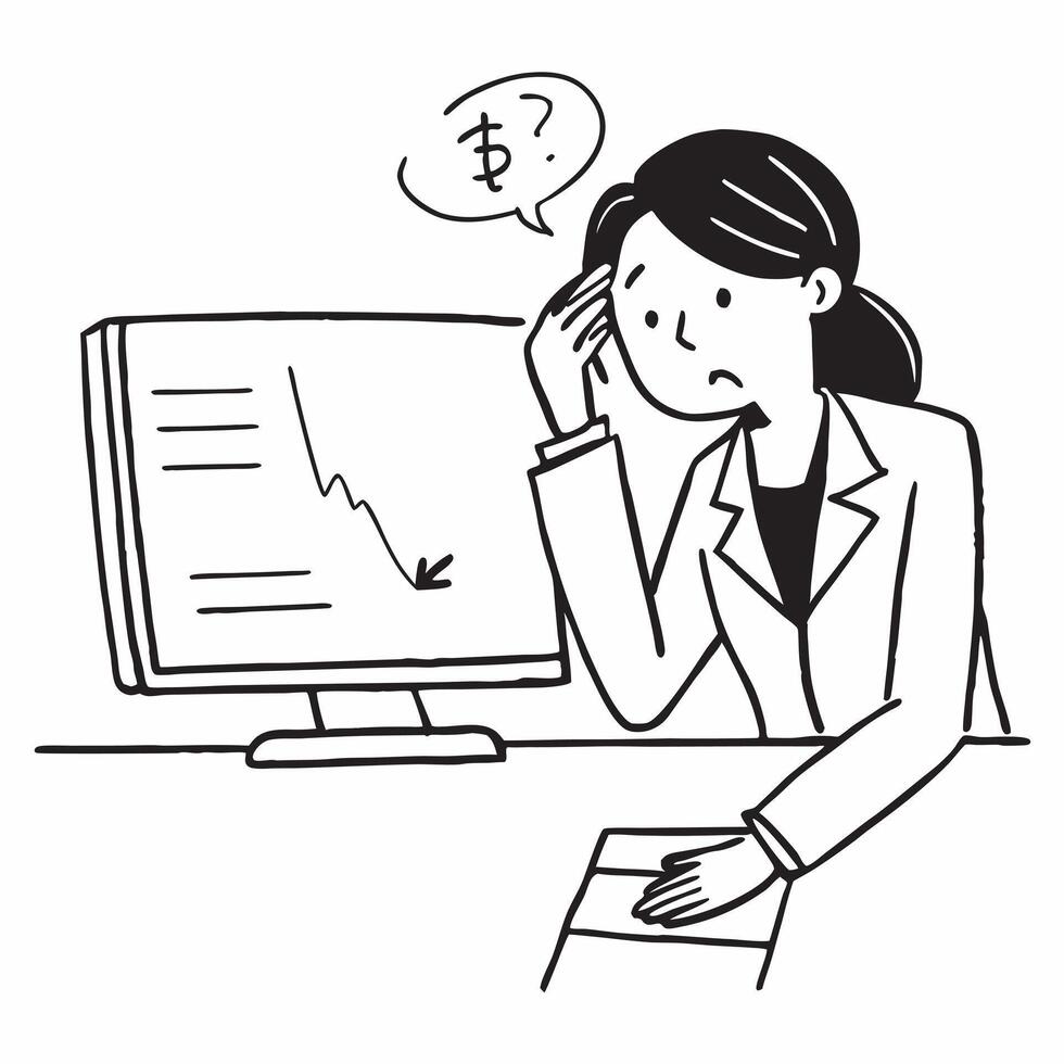 Businesswoman looking at a declining stock market chart appearing worried concept as A businesswoman in a suit looking at a declining stock market chart on her computer screen appe Dynamics vector