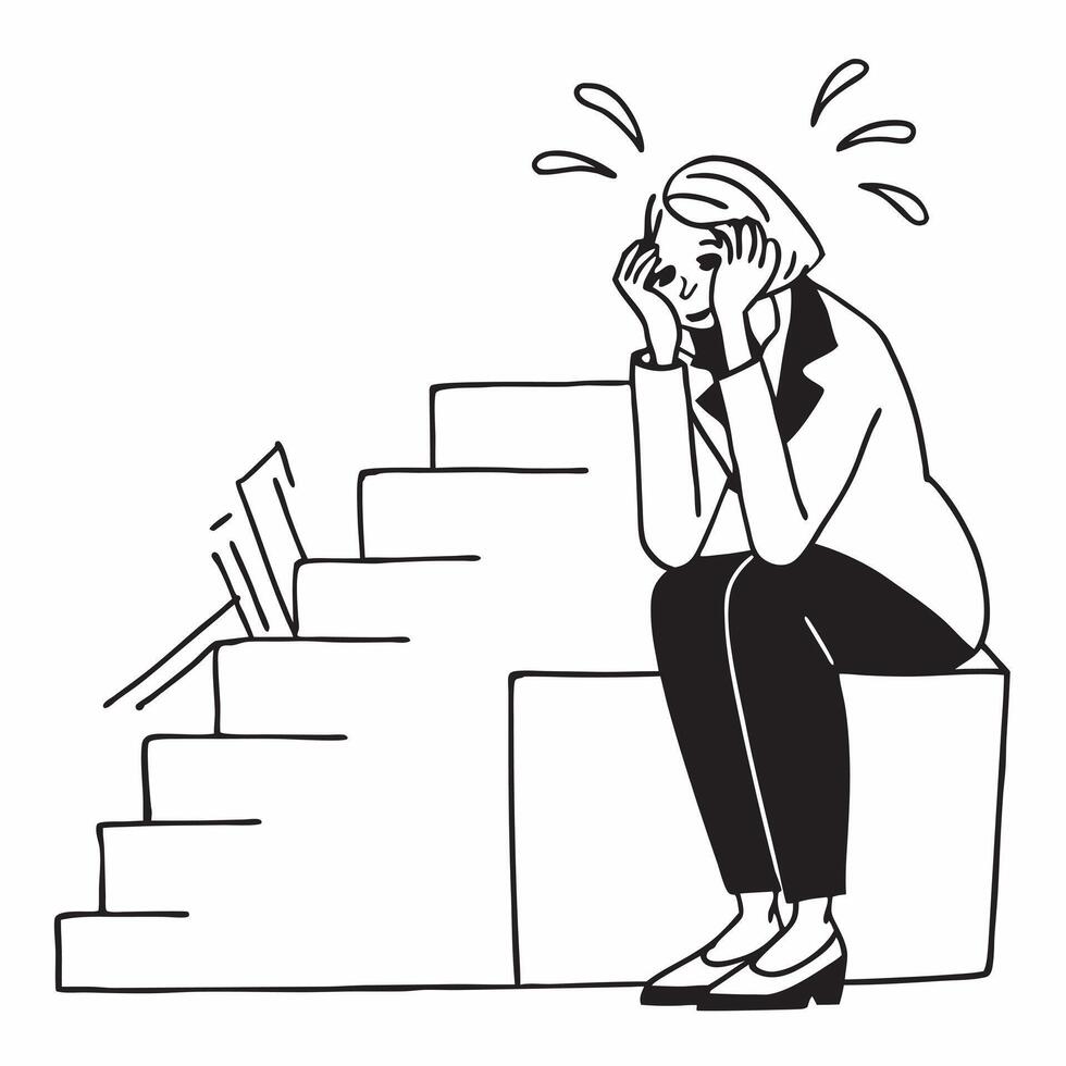 Businesswoman sitting on office stairs head in hands looking defeated concept as A businesswoman in formal attire sitting on the stairs of an office building head in hands appearin Dynamics vector