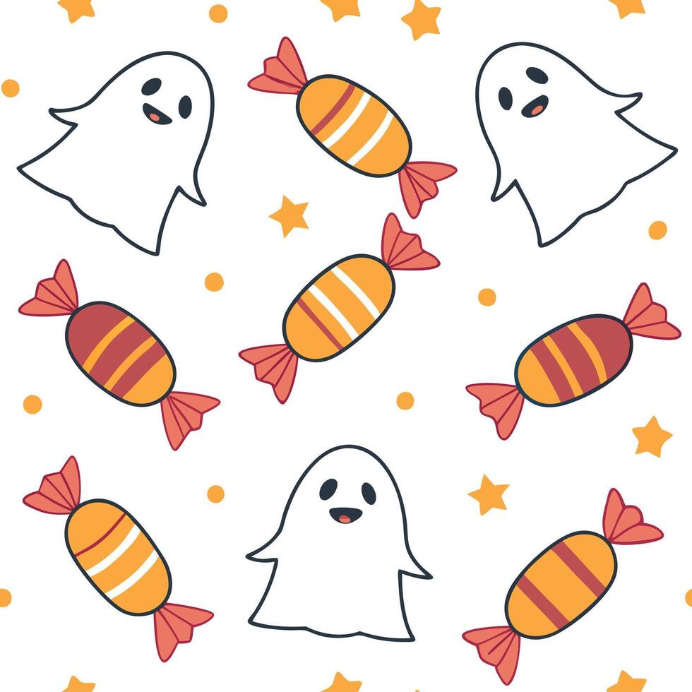 Candy and ghosts seamless tile pattern with colorful candies and playful ghosts for sweet Halloween decor concept as Colorful candies and playful ghosts arranged seamlessly for swe Dynamics vector