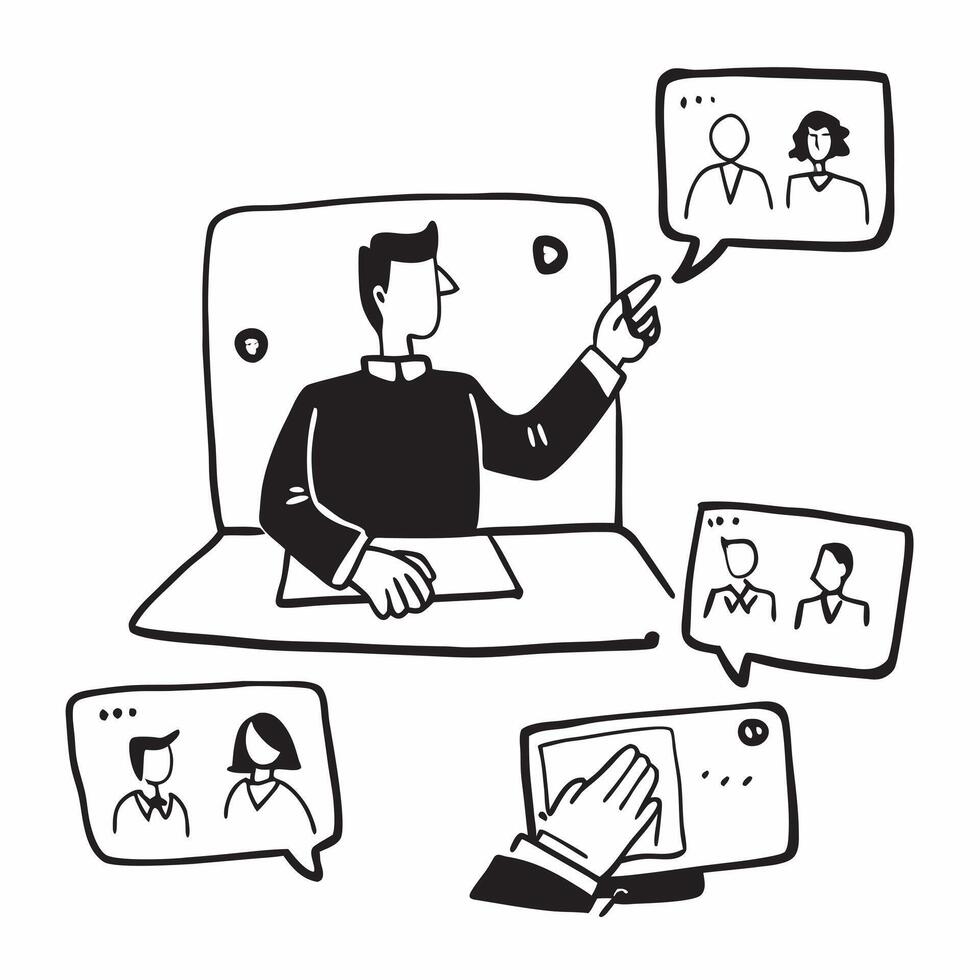 CEO addressing remote employees concept as A CEOs profile blended with remote employee screens representing connection and leadership in a virtual townhall Ideal for corporate and Dynamics vector