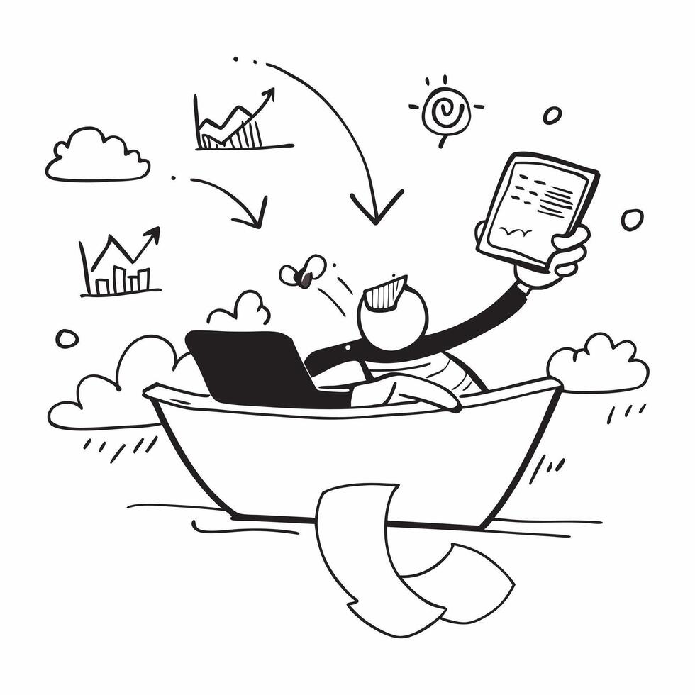CEO enjoying a relaxing boat ride with a tablet concept as A CEO enjoying a relaxing boat ride with a tablet browsing social media insights emphasizing relaxation and innovative le Dynamics vector