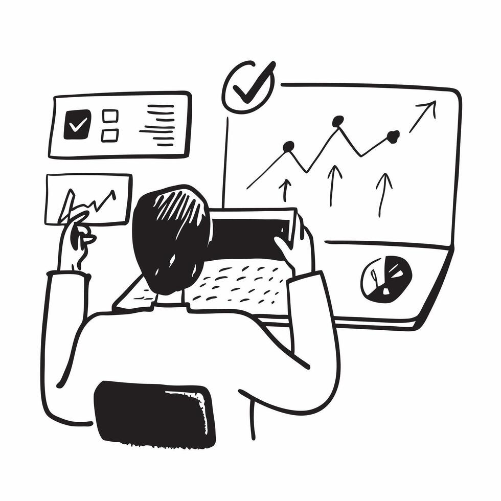 CFO reviewing stock valuation impact on corporate strategy concept as A CFO in an executive office reviewing the impact of stock valuation on corporate strategy using a laptop high Dynamics vector