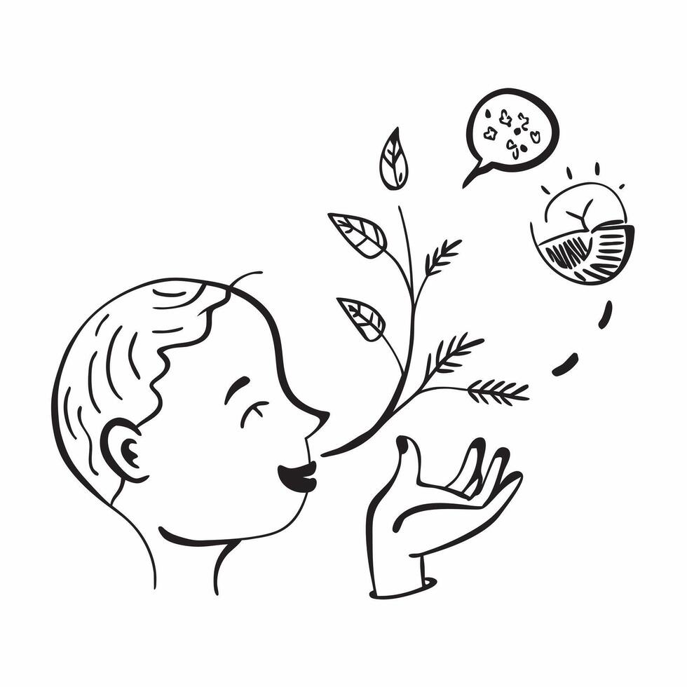 Child holding a sapling concept as A childs profile blended with a sapling symbolizing hope and sustainable growth in the face of climate change Perfect for environmental and educ Dynamics vector