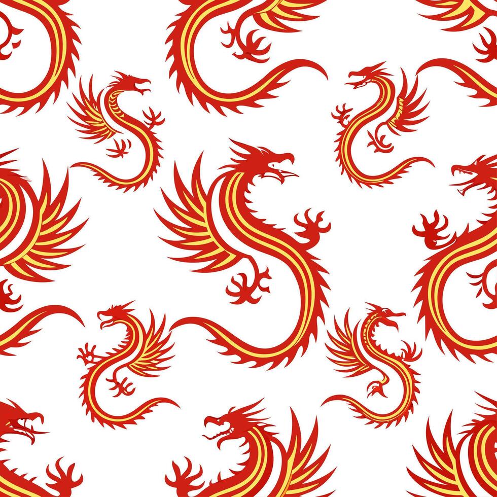 Chinese dragons and phoenixes seamless tile pattern with vibrant reds and golds for festive decor concept as Vibrant red dragons and golden phoenixes arranged seamlessly for festiv Dynamics Set 2 vector