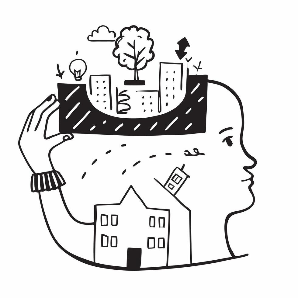 City planner with green urban spaces concept as A city planners profile blended with green urban spaces symbolizing hope and sustainable urban development to mitigate climate chang Dynamics vector