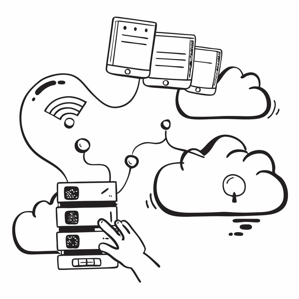 Cloud server network with connected devices concept as illustration of a cloud server network with various connected devices such as laptops smartphones and tablets represen Dynamics vector