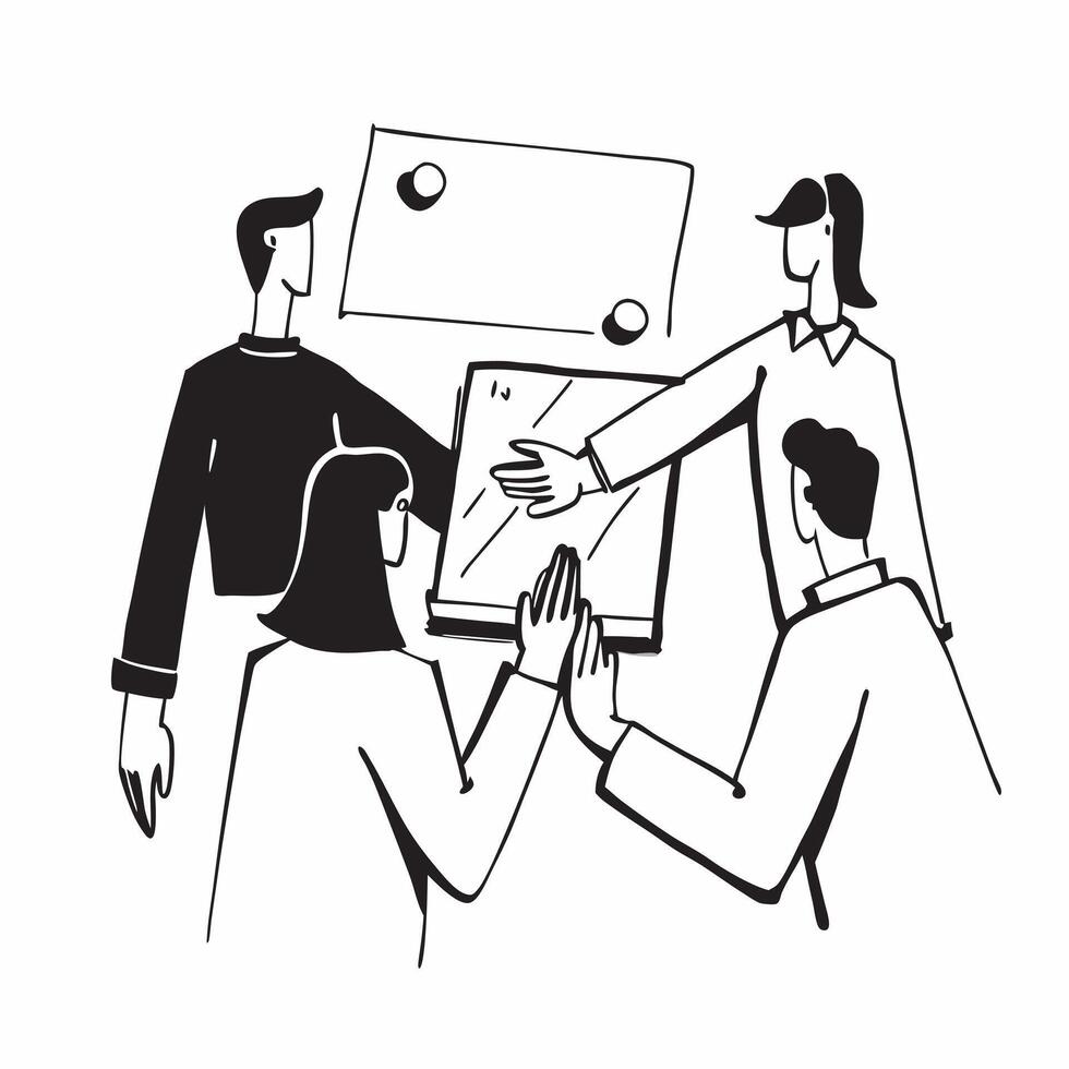 Colleagues working on a business proposal in a meeting concept as A icon illustration of colleagues working on a business proposal in a meeting using a 3 color scheme to highligh Dynamics vector