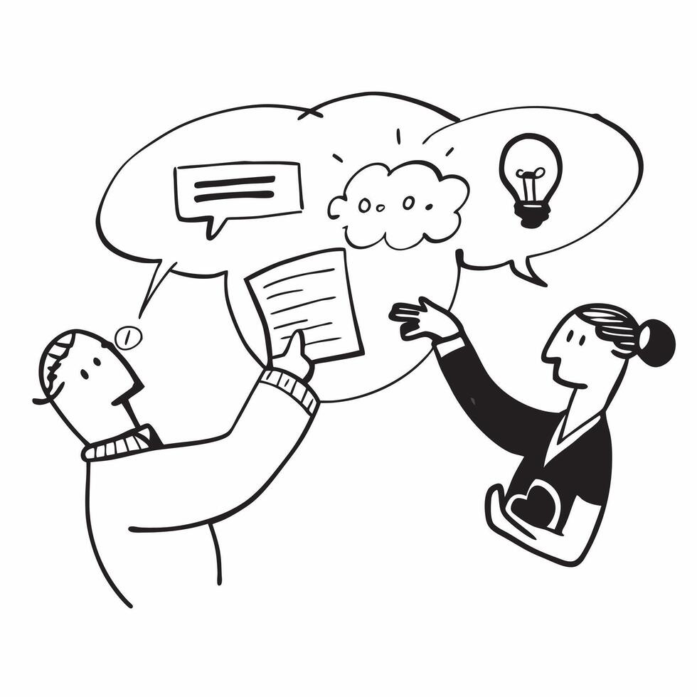 Colleagues sharing ideas concept as Colleagues sharing ideas blended with thought bubble imagery symbolizing creativity and communication in a happy working environment Perfect fo Dynamics vector