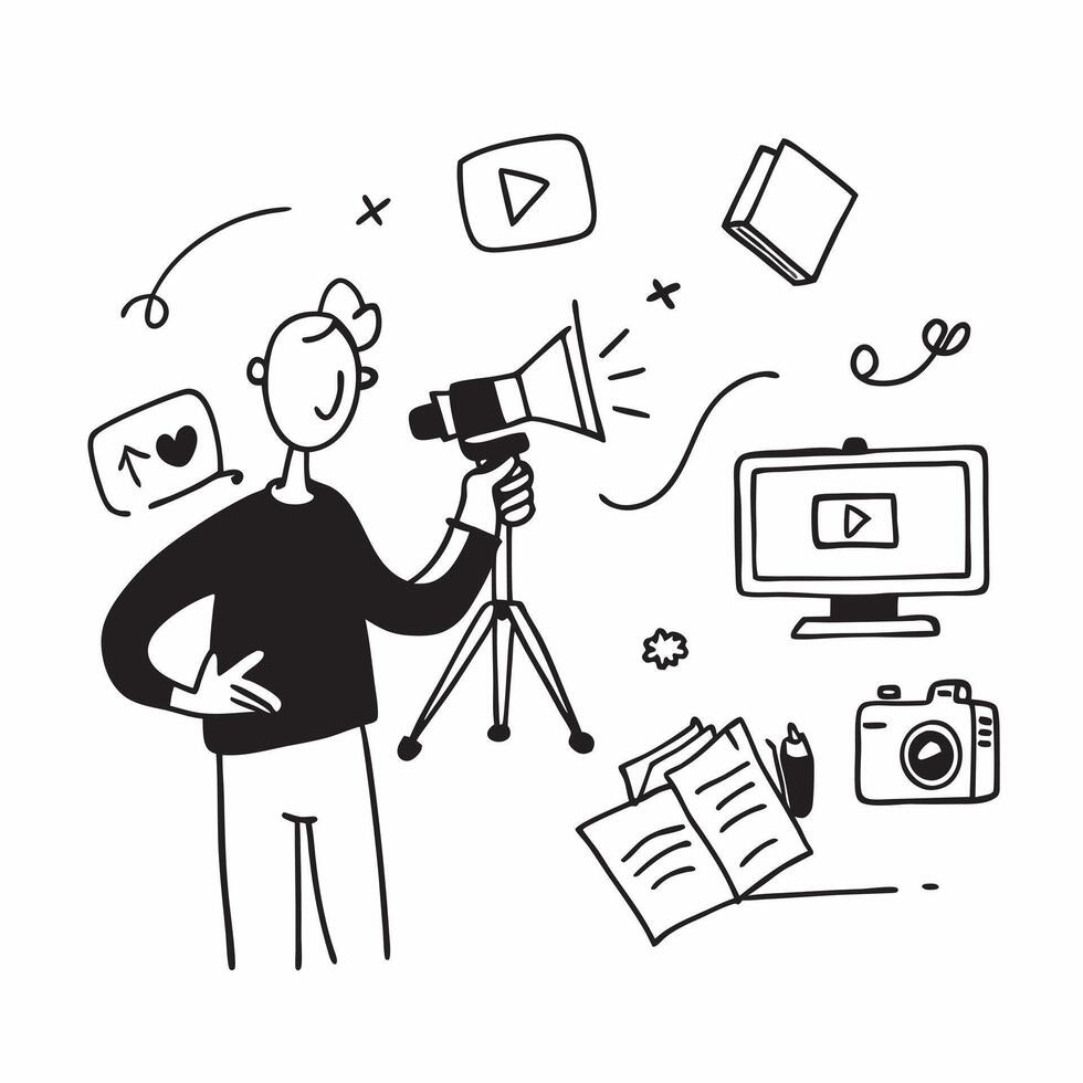 Content creator filming a tutorial for social media concept as A content creator in a studio filming a tutorial for social media using a camera and microphone highlight Dynamics vector