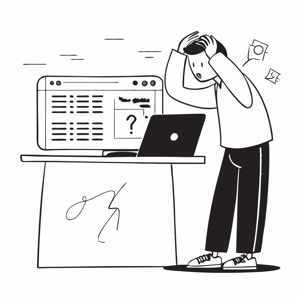 Developer looking at a failed software update appearing stressed concept as A developer in casual attire looking at a failed software update on his computer appearing stressed and Dynamics vector