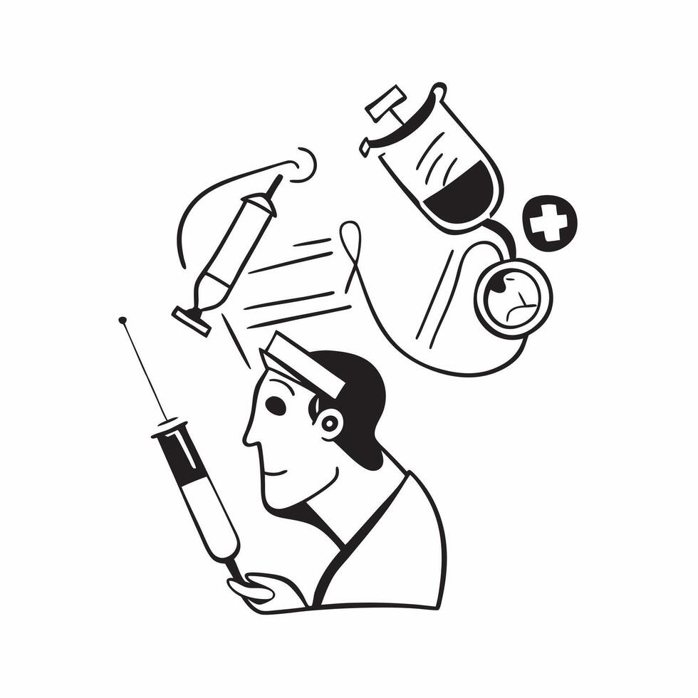 Doctor double exposure with medical tools concept as A doctors profile combined with medical tools and equipment symbolizing healthcare and medical responsibility Ideal for health Dynamics vector