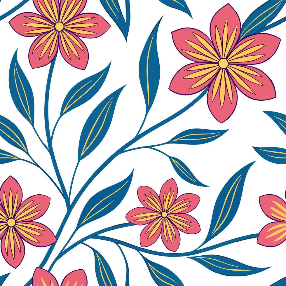 Dynamic summer flowers seamless pattern with flowing petals and bright energetic colors for lively summer visuals concept as Lively summer flower pattern with flowing petals and br Dynamics vector