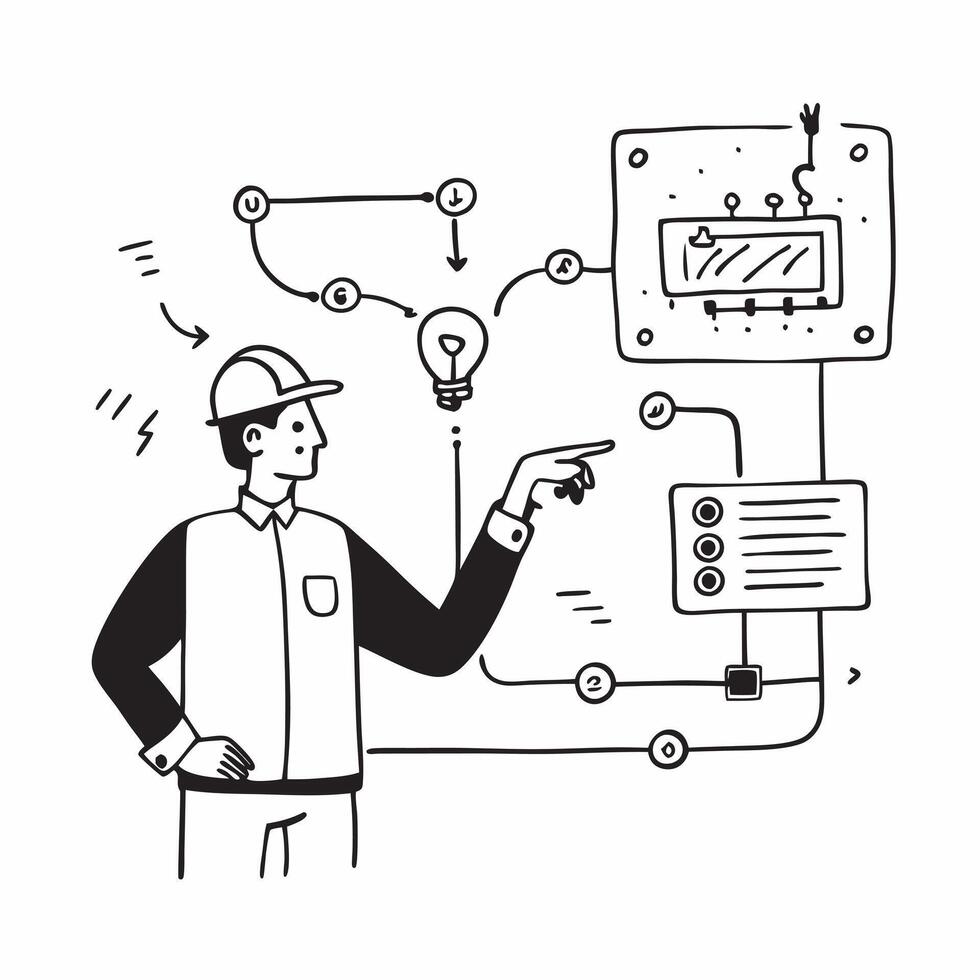 Electrical engineer with circuit diagrams concept as An electrical engineers profile blended with circuit diagrams symbolizing expertise in electrical systems within the petrochemi Dynamics vector