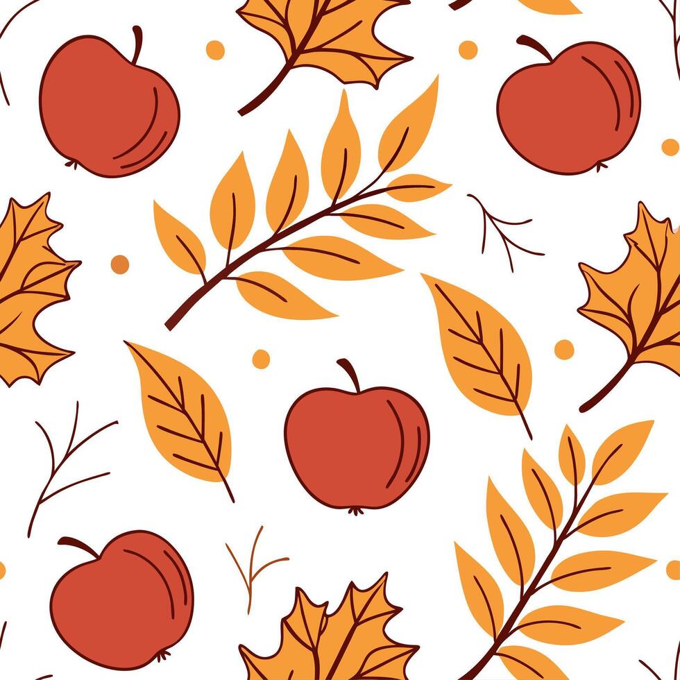 Elegant autumn harvest seamless pattern with bright red apples amber leaves and delicate branches for a refined fall design concept as Refined autumn harvest pattern with red apple Dynamics vector