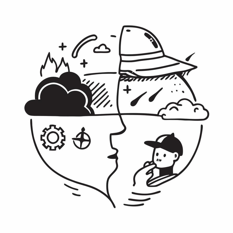 Emergency worker with disaster response concept as An emergency workers profile blended with disaster response imagery symbolizing the role of emergency services in responding to c Dynamics vector