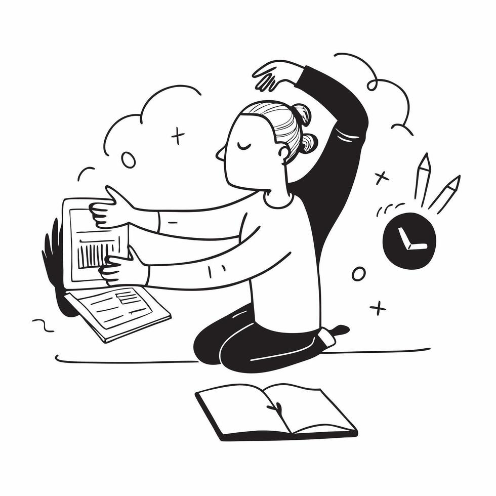 Employee doing yoga at work concept as An employees profile blended with a yoga scene symbolizing the importance of physical and mental relaxation in the workplace Ideal for welln Dynamics vector