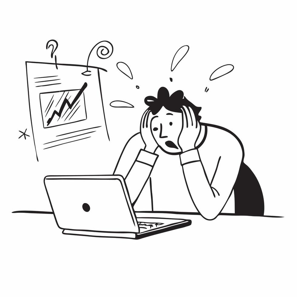 Entrepreneur looking at a failed tech pitch appearing dejected concept as An entrepreneur in casual attire looking at a failed tech pitch on his laptop appearing dejected and stres Dynamics vector