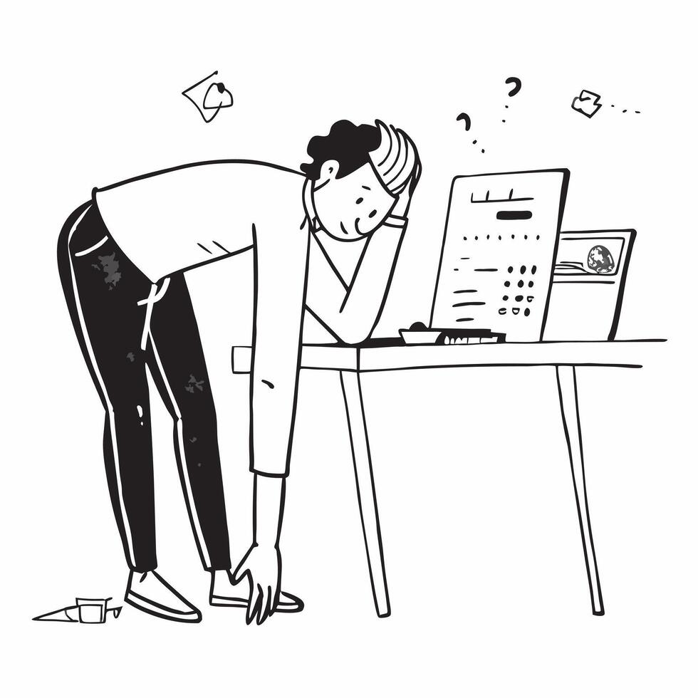 Entrepreneur looking at a failed business plan appearing dejected concept as An entrepreneur in a casual outfit looking at a failed business plan on his desk appearing dejected and Dynamics vector