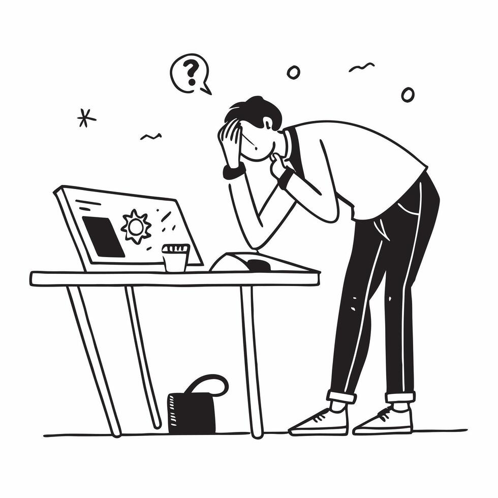 Entrepreneur looking at a failed IoT device appearing dejected concept as An entrepreneur in casual attire looking at a failed IoT device on his desk appearing dejected and stresse Dynamics vector