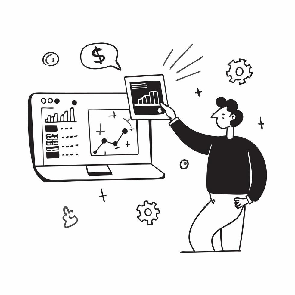 Entrepreneur using financial software to evaluate startup valuations concept as An entrepreneur in a startup office using financial software on a laptop to evaluate startup valuati Dynamics vector
