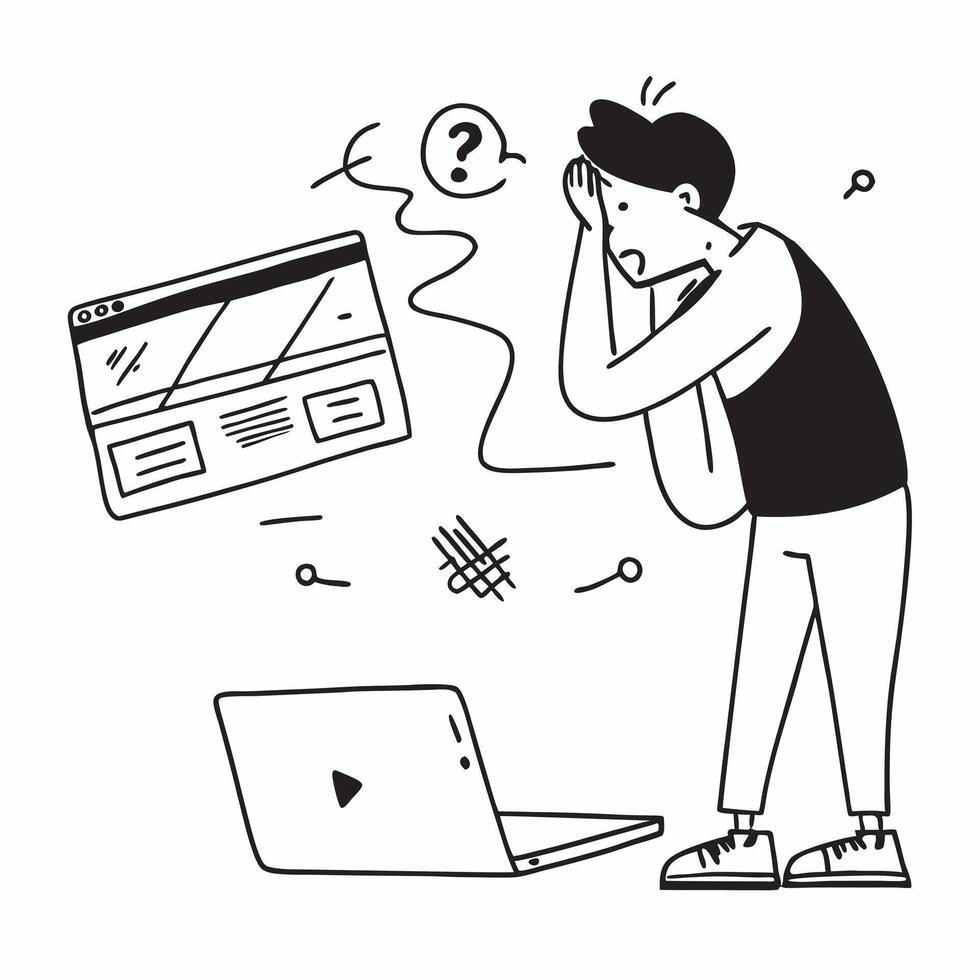 Entrepreneur looking at a failed e commerce platform appearing dejected concept as An entrepreneur in casual attire looking at a failed e commerce platform on his laptop appearing Dynamics vector