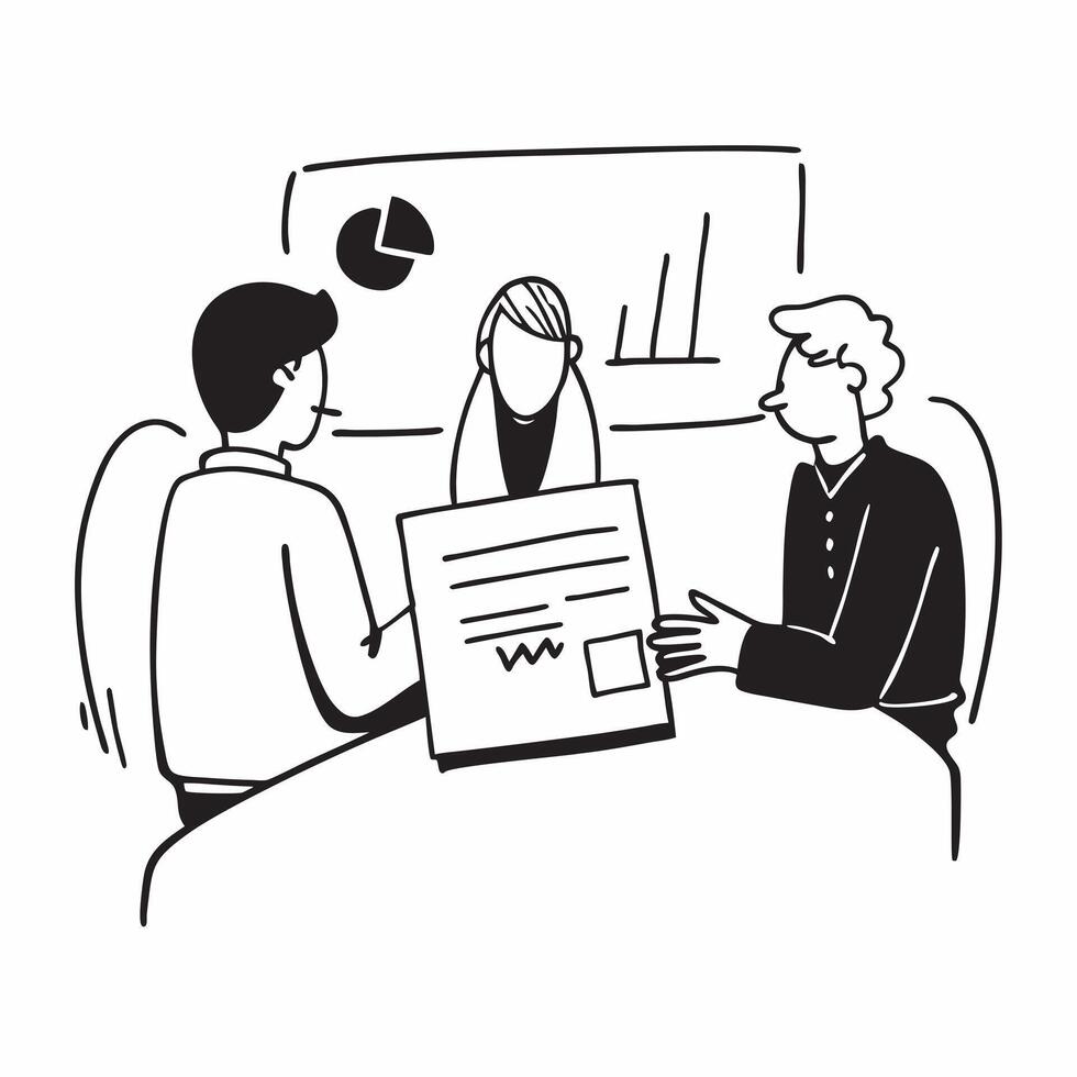 Executives in a board meeting discussing financial reports concept as A illustration of executives in a board meeting discussing financial reports utilizing a 3 color palett Dynamics vector