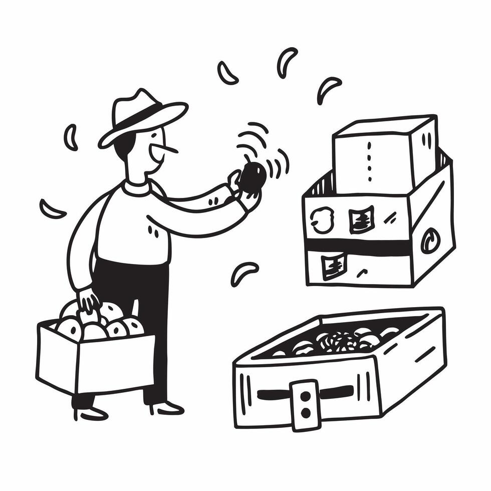 Farmer delivering glossy organic produce for a World Food Day fair concept as Camera movement Pan across the glossy produce in crates Scene An open air market with vendors Detail Dynamics vector