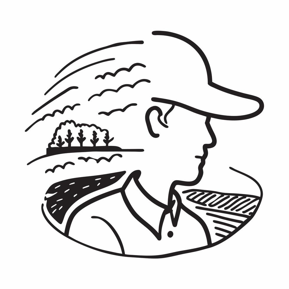 Farmer double exposure with farmland concept as A farmers profile combined with farmland symbolizing agricultural responsibility and sustainability Ideal for agricultural and envi Dynamics vector