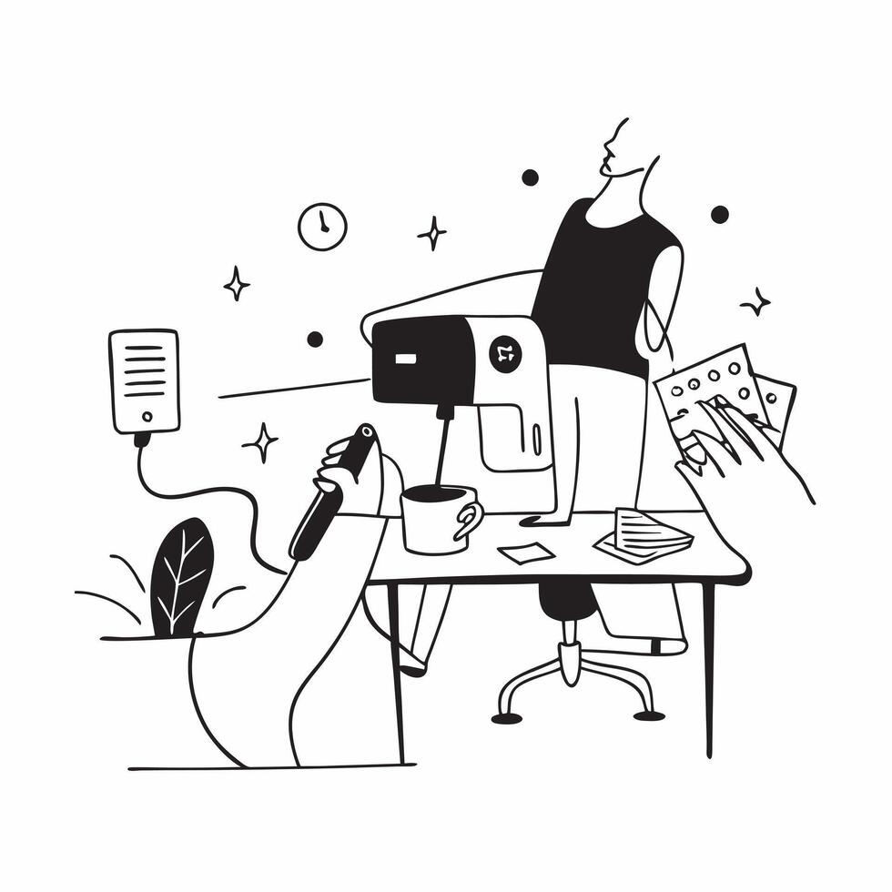 Fashion designer using a glossy sewing machine in a studio concept as Camera movement Pan across the glossy sewing machine used by the fashion designer Scene A bright modern fashi Dynamics vector